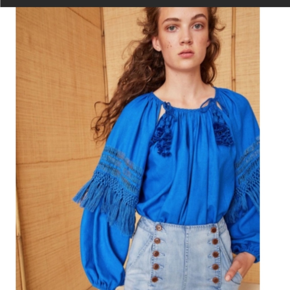 Ulla Johnson Duman Fringe Blouse Tassel Top Crochet Azul Blue Long Sleeve XS 0 - Picture 3 of 7